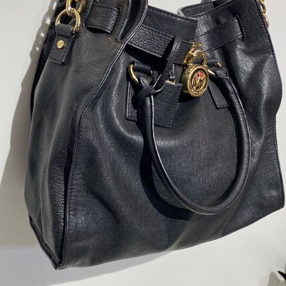 Michael Kors Hamilton Womens Black Chain Strap Leather Tote Bag Size Large - Picture 3 of 11